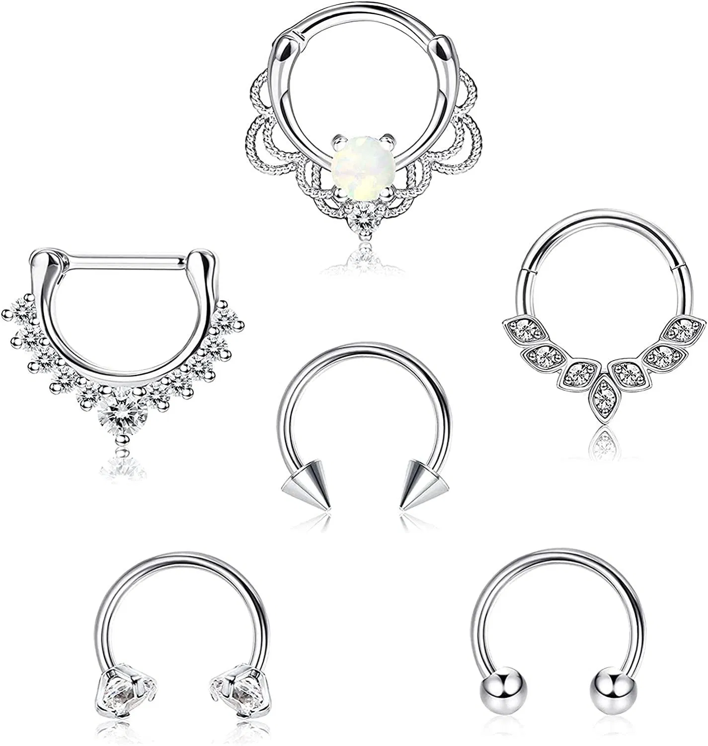 6pcs 16G Septum Ring süße Opal CZ Knorpel Ohrringe chirurgische Nasenring Schleife Tragus Helix Daith Ohrringe Scharnier Segment Clicker Ring Septum Piercing 8MM