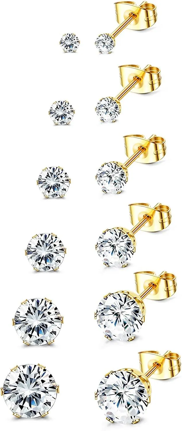 6 Pairs Cubic Zirkonia Stud Ohrringe für Männer Frauen hypoallergen Edelstahl Round CZ Stud Eearrings 3 - 8MM
