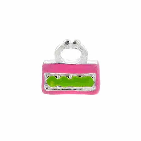Sterling Silber Email Pink und hellgrün Modische Rechteck Handtasche Charme