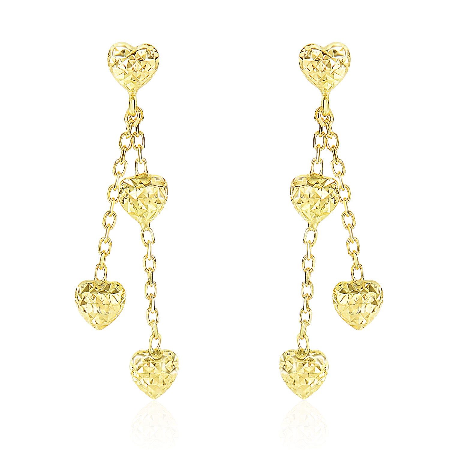 14 Karat Gelbgold Puffed Heart Diamond Cut Chain Hanging Earrings