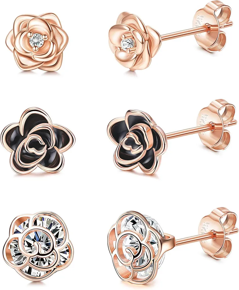 3Paare 18K Gold Plated Rose Flower Stud Ohrringe für Frauen 5A Cubic Zirkonia Inlaid Hypoallergen Sterling Silber Ohrringe Set