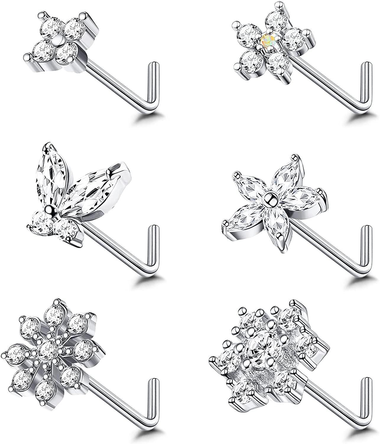 6PCS 20G Nasenring Stud L-Form Nasenringe Kubik Zirkonium Schmetterling Nasen Schrauben Ringe Edelstahl Blumen Nasen Piercing Ring