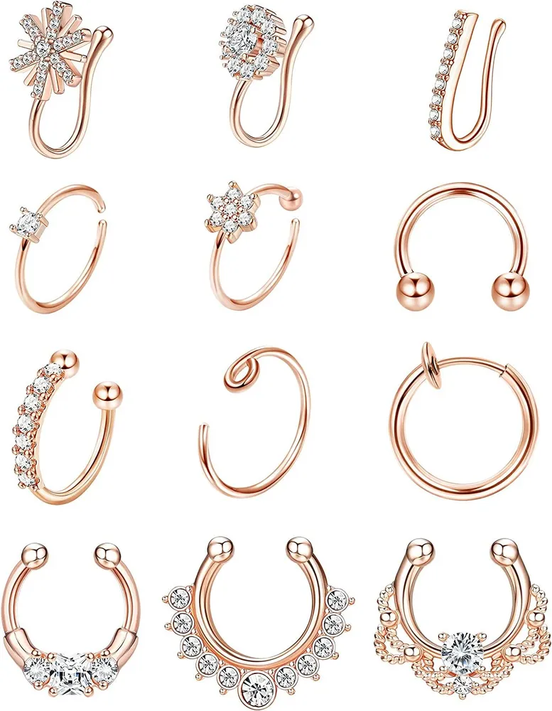 12 Stück Falsche Nasenringe für Frauen 316L Edelstahl eingeladen CZ Faux Piercing Falsche Nasenring Spring Clip auf Circle Hoop Falsche Septum Piercings 16 / 20G