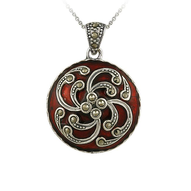 Sterling Silber Marcasit & Red Enamel Circle Anhänger