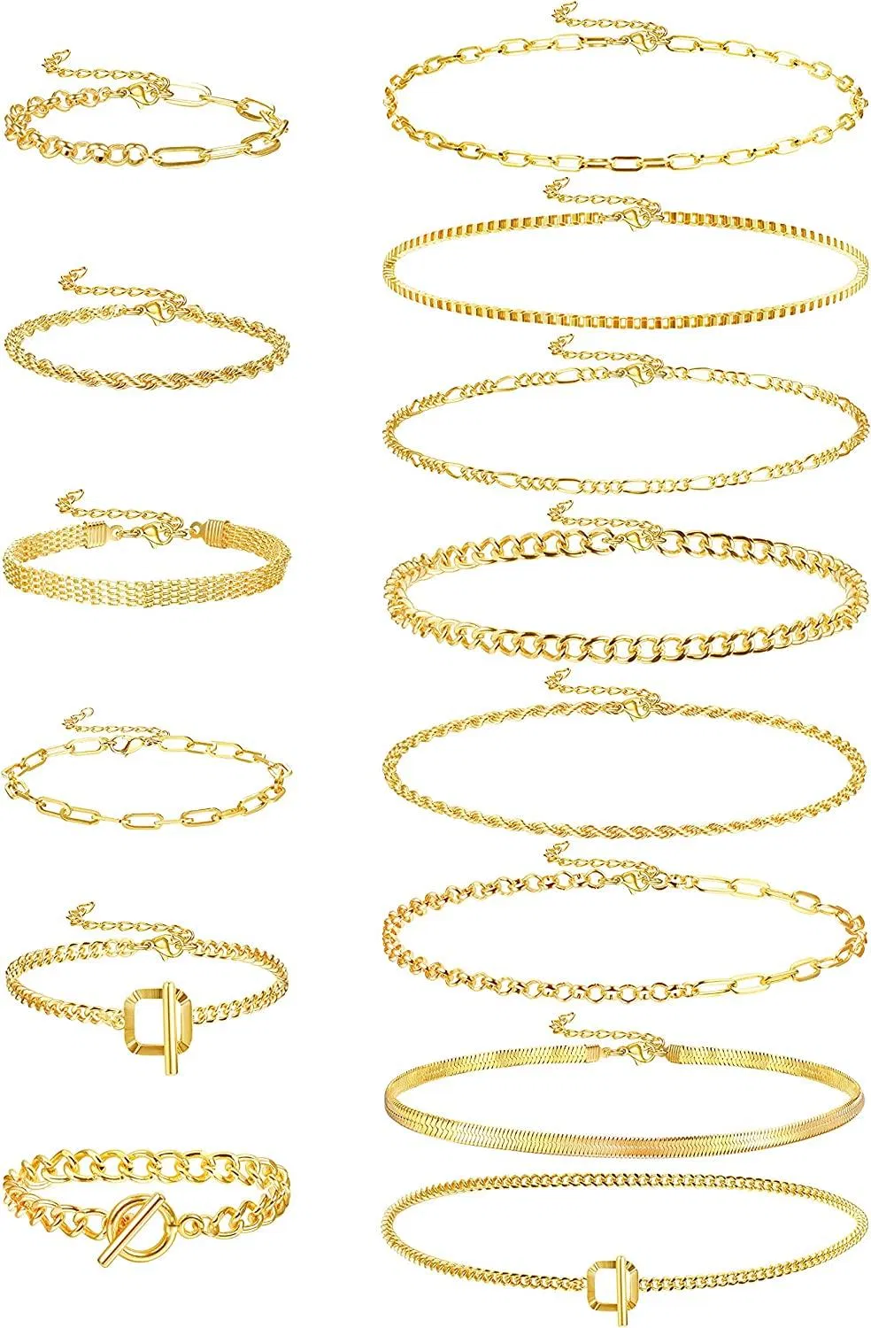 14 Stück Silber / Gold Kette Halskette und Armbänder Set für Frauen 14k Gold Dainty Paperclip Link Chain Choker Halskette Chunky Flat Snake Chain Armband Schmuck
