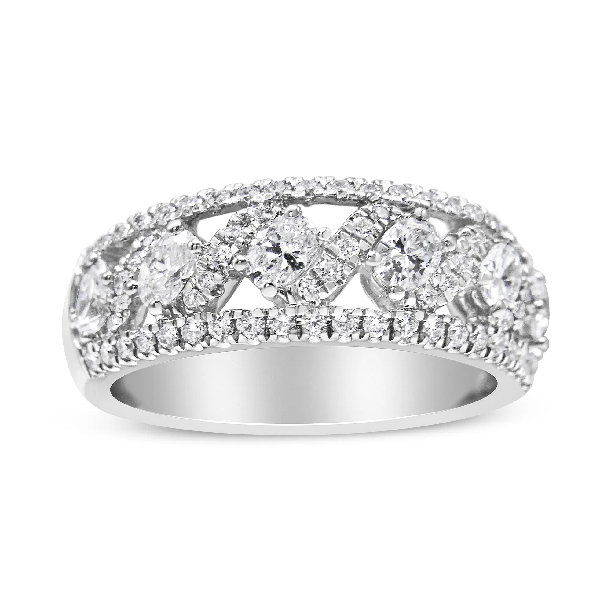 14 Karat Weißgold 1 1 / 4 Cttw Oval und Round Diamond Openwork Anniversary Ring (H-I Farbe, I1 - I2 Klarheit) - Größe 6,75