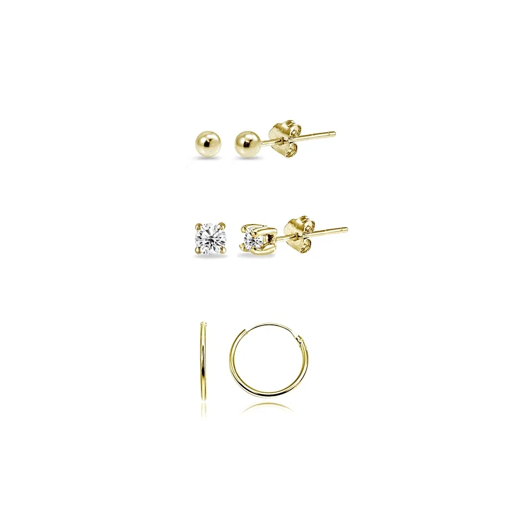 3 Pr Gold Flash Silber 10mm Endlosen Schleifen, rund 2mm CZ & Perlen Stud Ohrringe Set