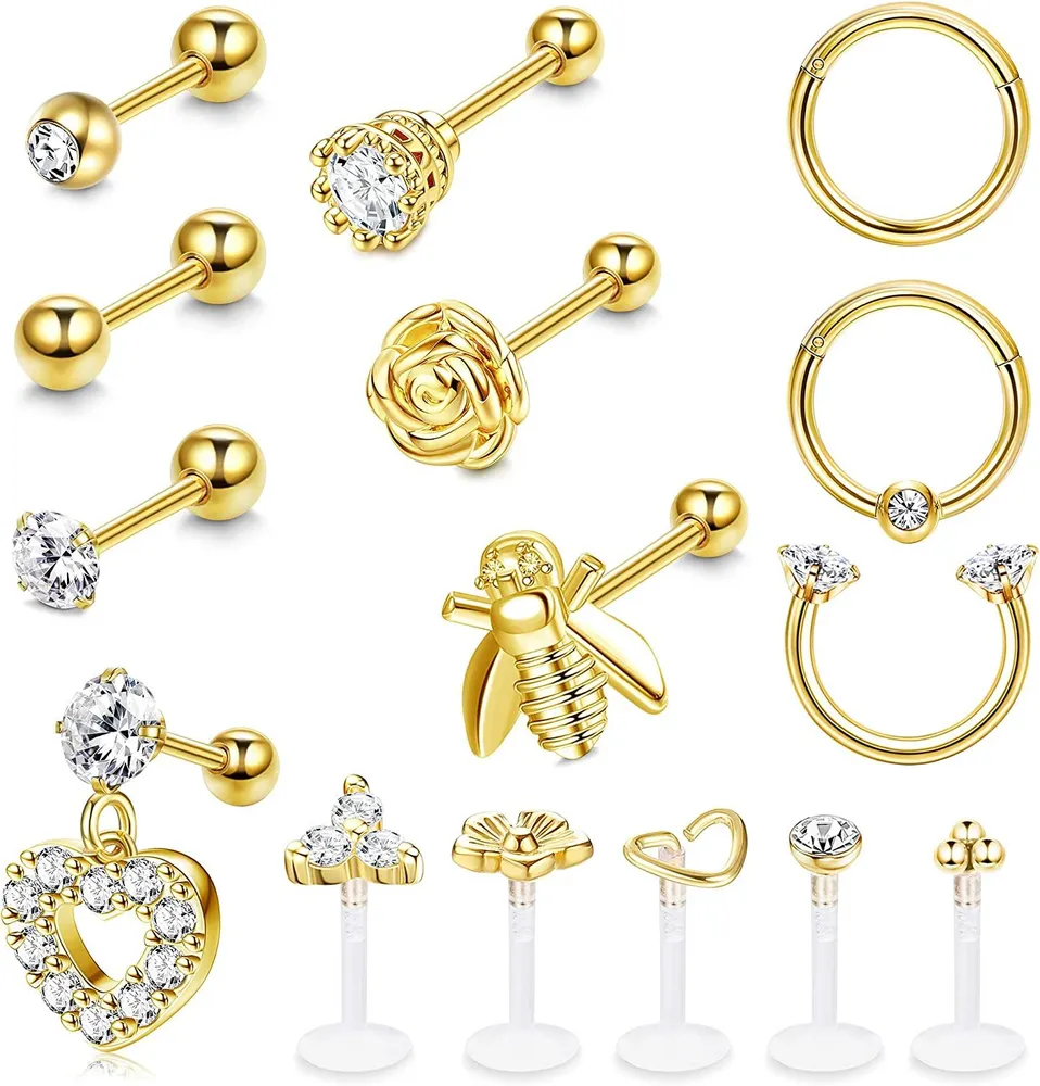 15pcs Tragus Ohrringe Ohrknorpel Ohrringe Stud für Frauen Männer Helix Conch Piercing CZ Barbell Stud 16G Ohr Piercing Edel Ohr Studs