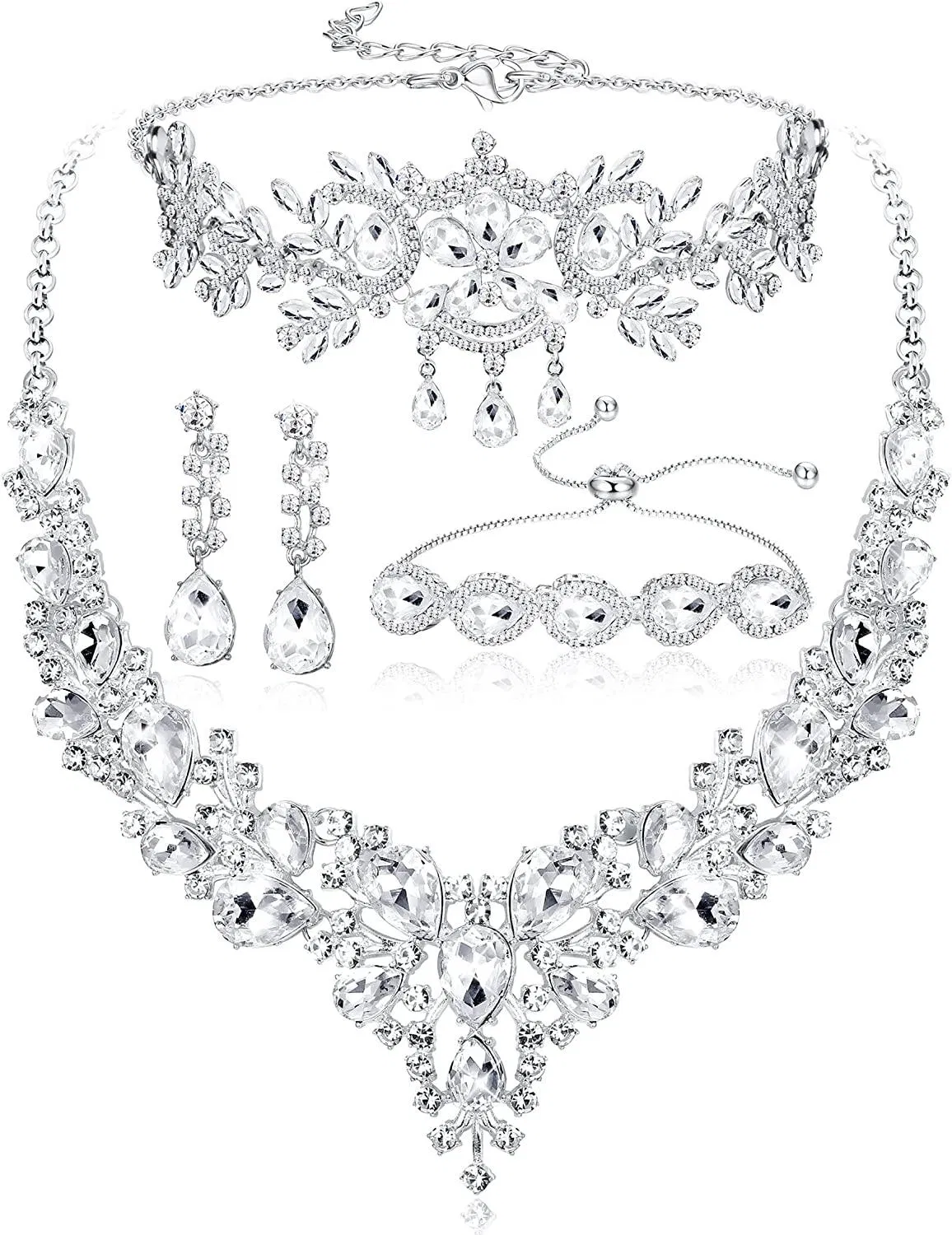 Brauthochzeit Schmuckset für Frauen Kristall Tränentropfen Cluster Statement Halskette Dangle Ohrringe Kette Armband Kopfhörer Set für Braut Hochzeitsfeier Prom Kleid