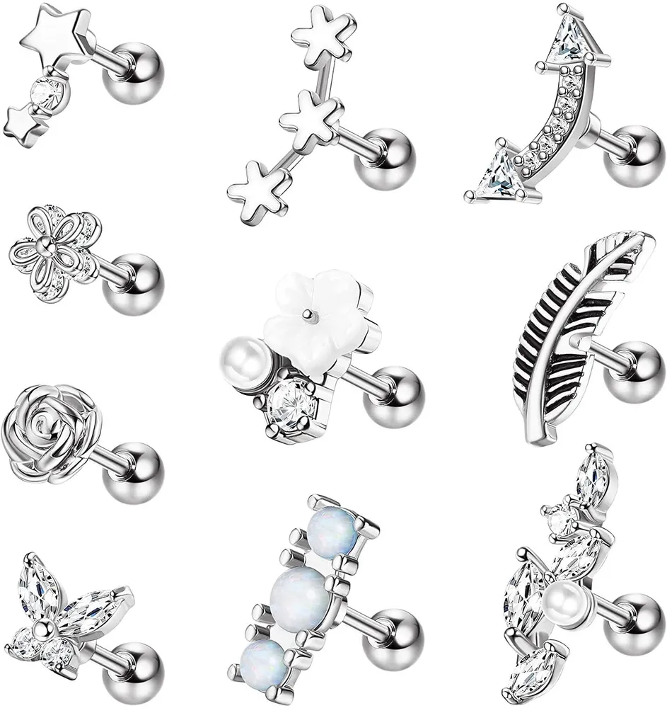 16G Tragus Ohrringe für Frauen Edelstahl Cubic Zirkonia Knorpel Ohrring Blatt Blume Opal Forward Daith Conch Helix Tragus Piercing 10Pcs