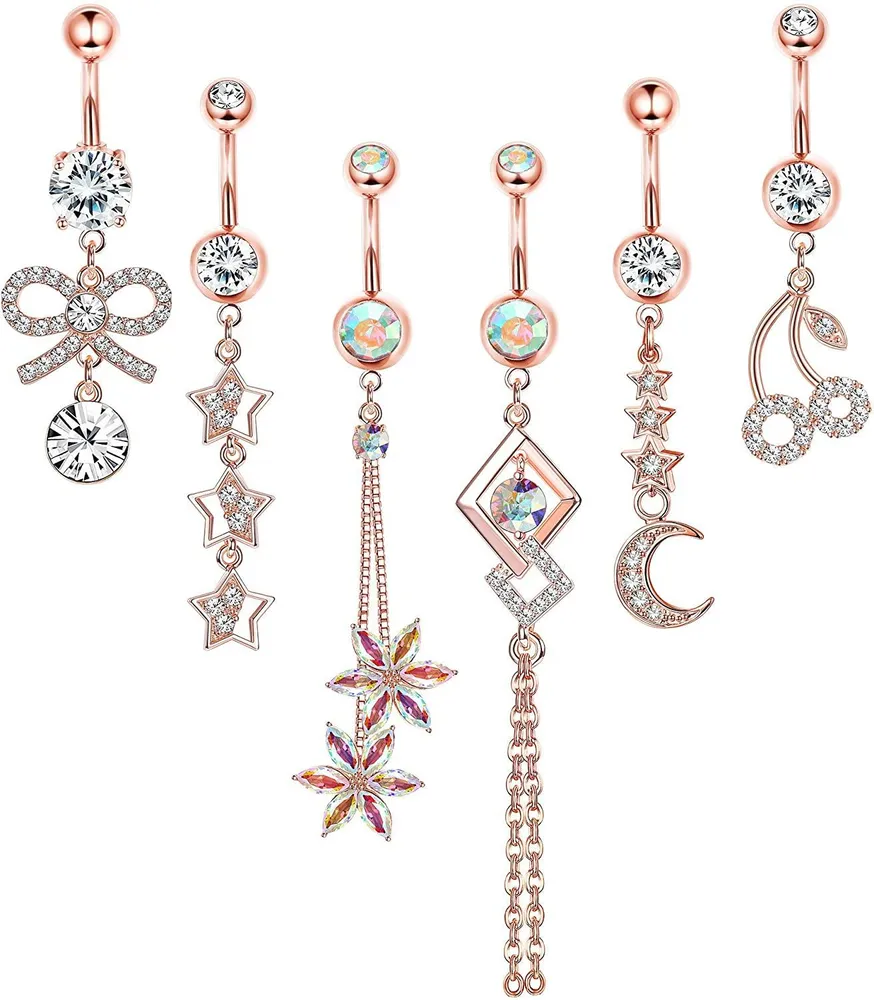 6pcs 14g Bauchknopfringe Dangle; Nabelringe Barbell CZ gepflastert; Chirurgische Stahlkörper Piercing Schmuck für Frauen