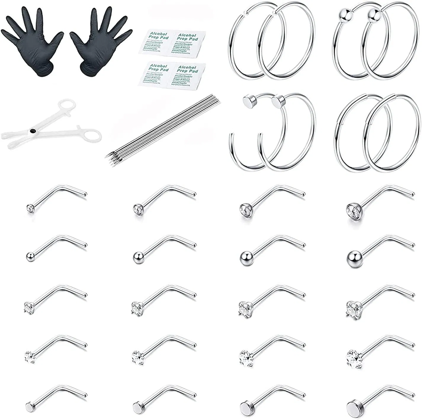 28PCS 20G Nasen Piercing Kit Nose Ring Hoop Knochen Schraube L-Form Nasen Studs Tragus Knorpel Helix Ohrringe Nasen Piercing für Frauen Professional Body Piercing Kit 1.5mm 2mm 2.5mm CZ