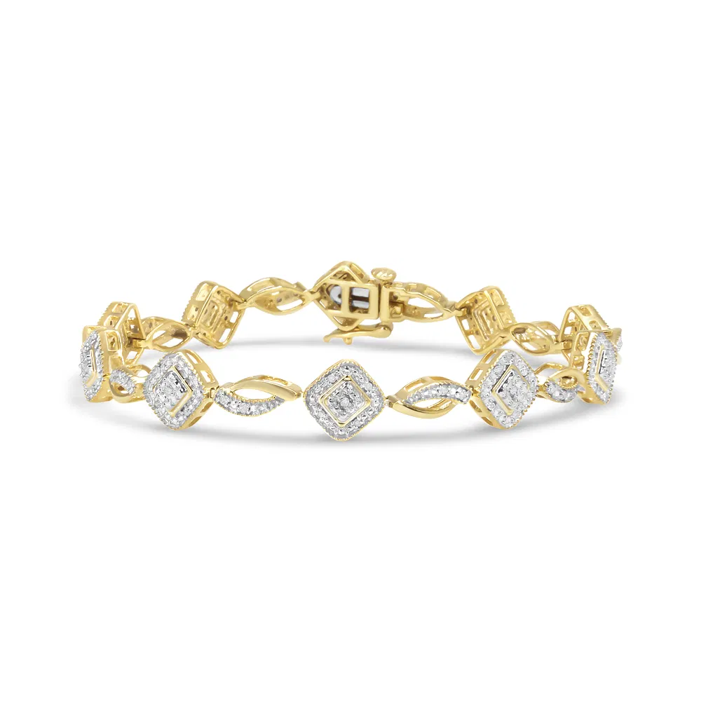 10K Gelbgold Plated .925 Sterling Silber 1 / 4 Cttw Diamant Alternating Art Deco Square and Swirl Link 7.25