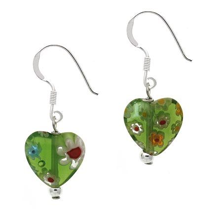 Sterling Silber .925 Murano Glass Green Bead Millefiori Herz Dangle Ohrringe