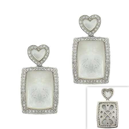 Sterling Silber .925 echte weiße Mutter der Perle MOP Stein Inlay Herz Blumen Filigree simuliert Diamant cz Pflaster Dangle Rechteck Ohrringe