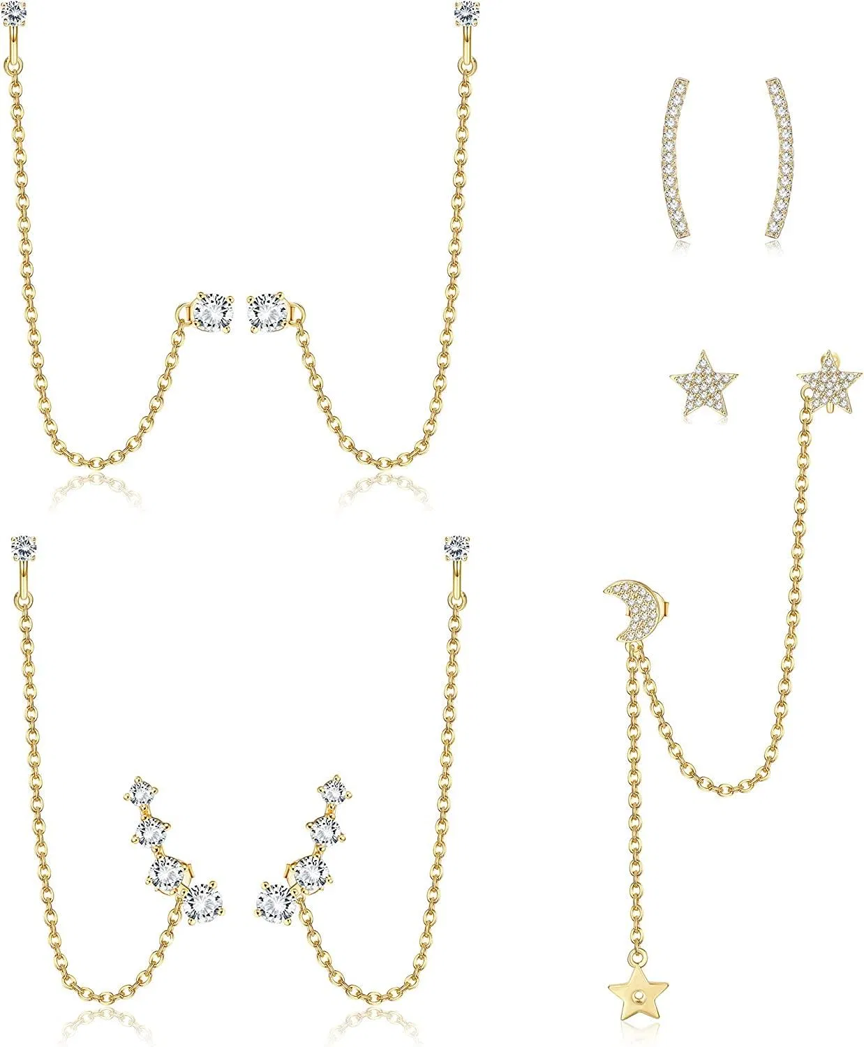 4 Paare Ketten-Ohrringe; Manschetten-Ohrringe Kette für Frauen Stud-Ohrringe mit Kette Crawler Hanging Chain Ohrringe Set