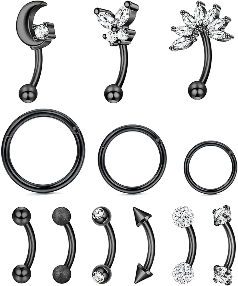 12pcs 16G Rook Piercing Augenbrauenringe Edelstahl Bauch Lippenring Knorpel Hoop Rook Daith Ohrringe Tragus CZ Body Piercing Curved Barbell