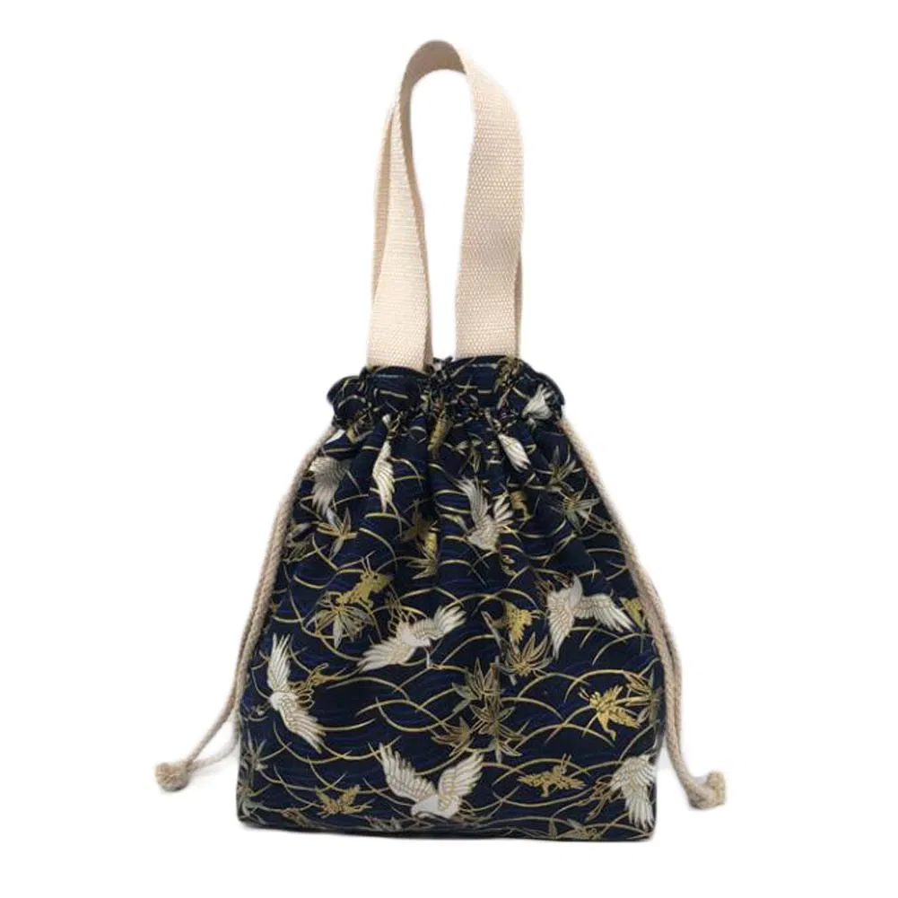 Japanischer Stil süße Mittagessen-Box Bento Tasche Navy-blau Krane Zipper Canvas Mittagessen-Tasche große Kapazität Mittagessen Tote Bag