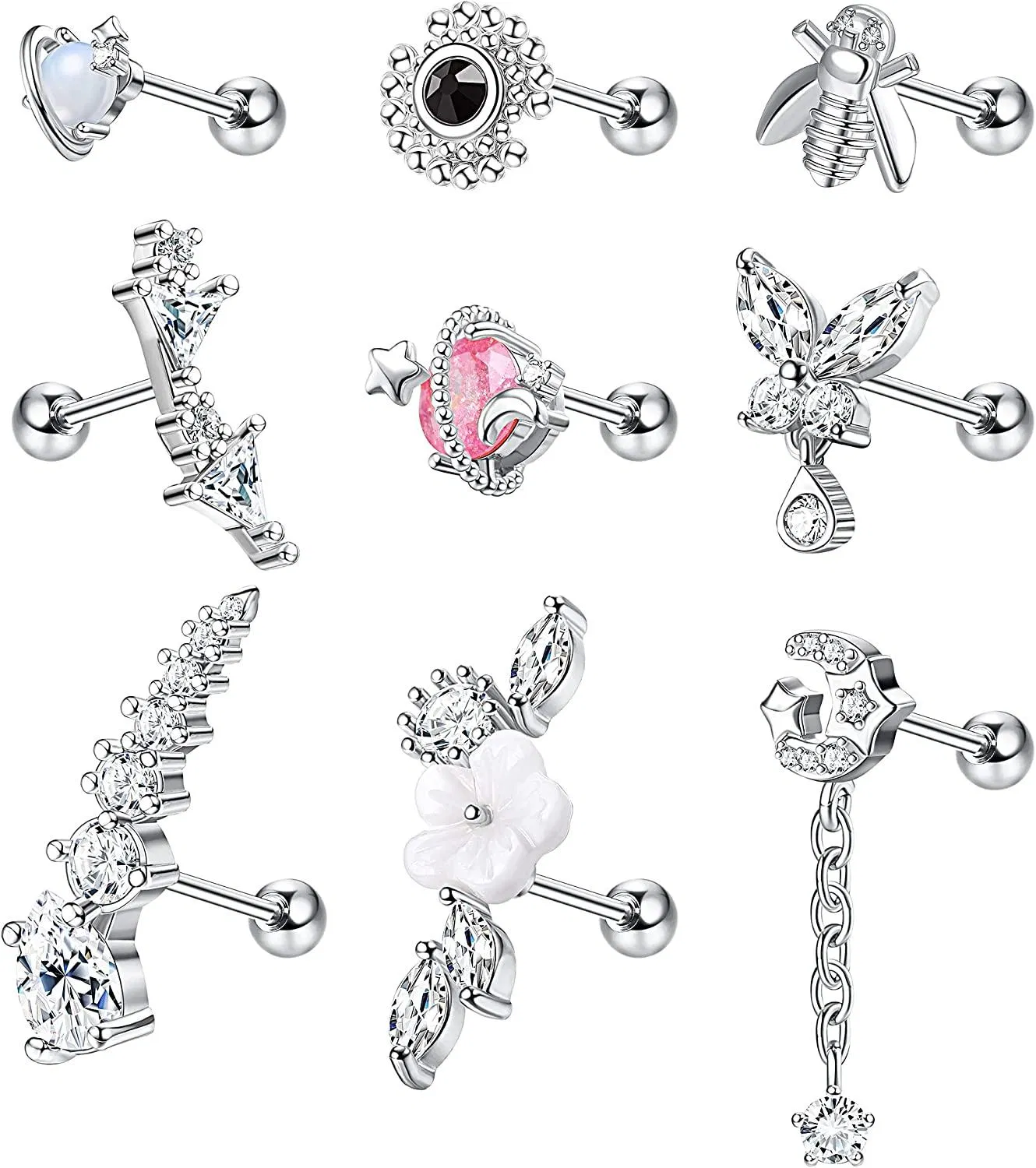 9pcs Knorpel-Staple - Ohrringe für Frauen; Edelstahl Cubic Zirkonia Knorpel Kletterer-Staple - Ohrringe Mond Schmetterling-Staple - Ohrringe Knorpel Piercing Schmuck