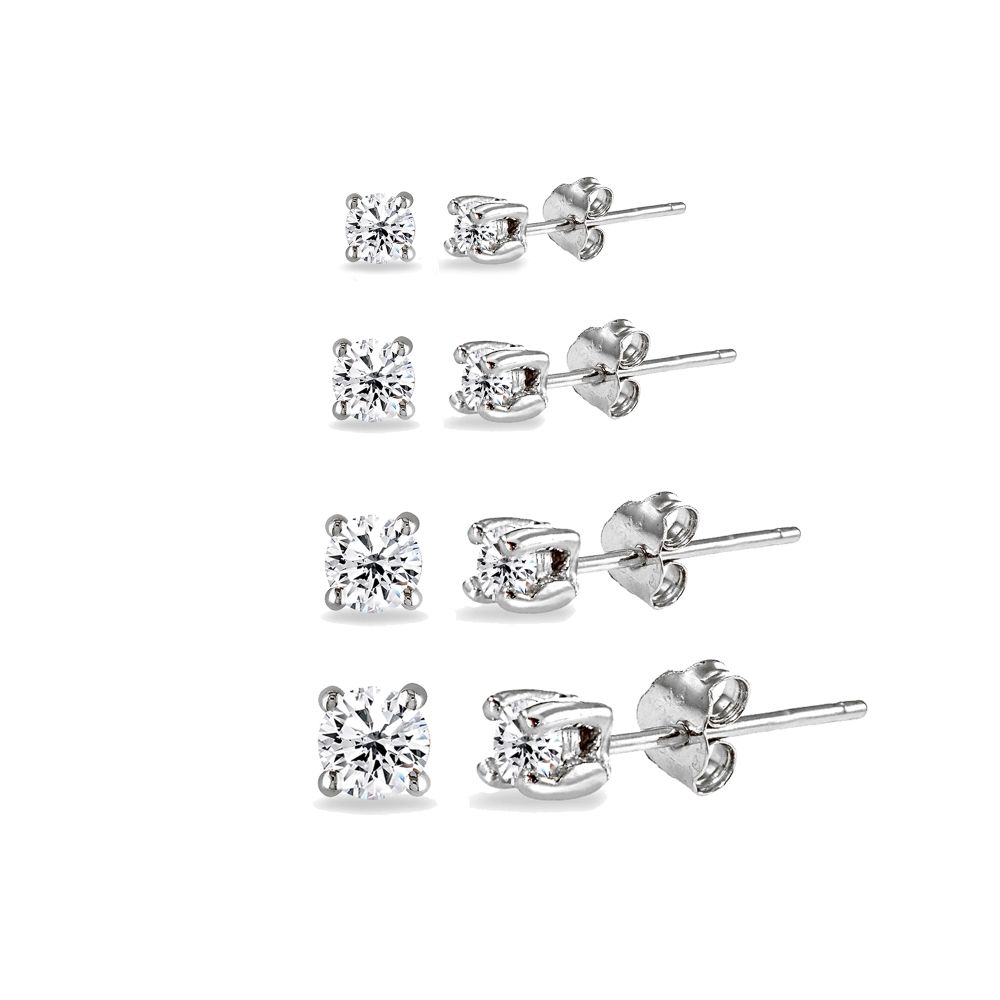 4 Pair Set Round Cubic Zirkonia Stud Ohrringe in 925 Silber, 2 mm 3 mm 4 mm 5 mm