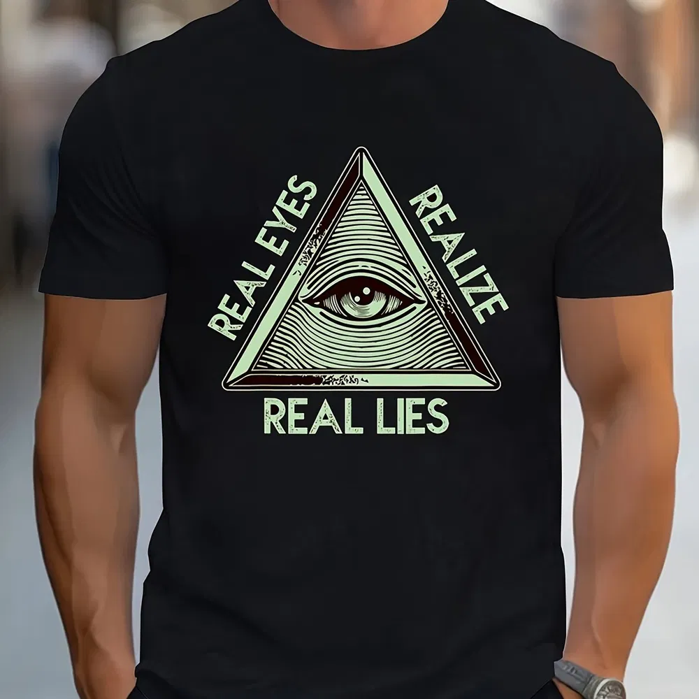 Männer Auge und Dreieck Muster und Brief Druck REALEYES REALIZE REALLIES T-Shirt, Rundhals und Kurzärme T-Shirt, Sommer Casual Wear Casual Mode Top