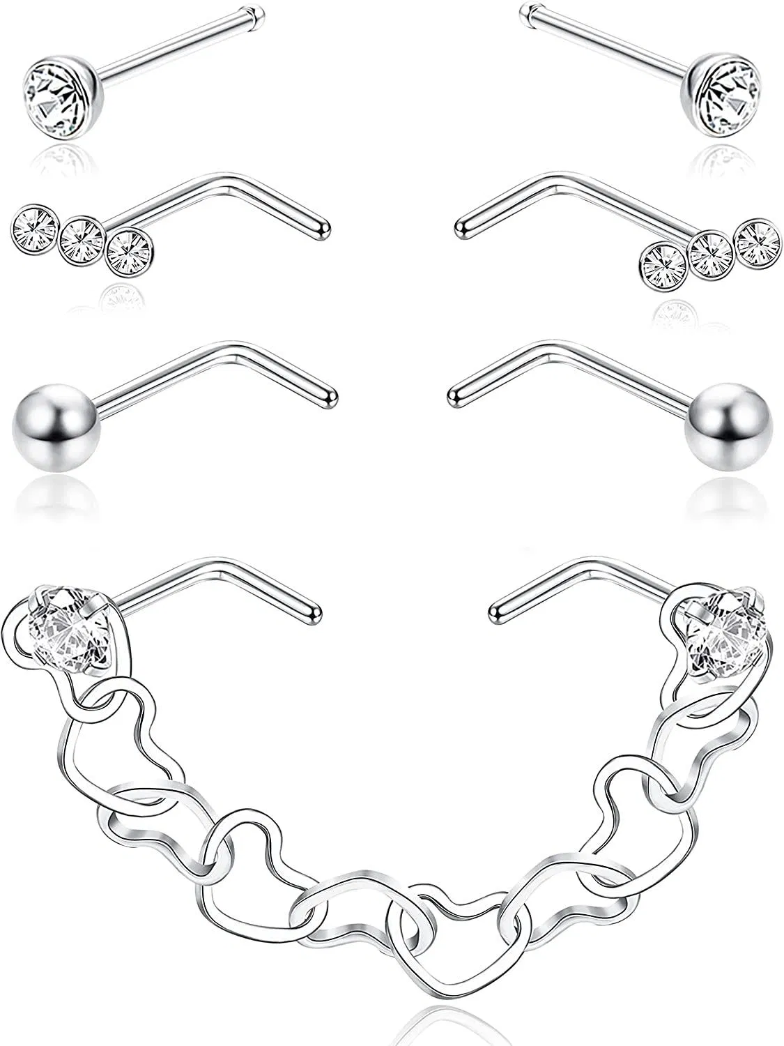 Nasenkette Nasenring Nasenloch Piercing Kette Doppel-Nase - Ring-Kette 316L Edelstahl-Nase - Ringe L-geformt und Herz-Nase - Kette Nasenloch Piercing Kette Nasenloch Piercing Schmuck