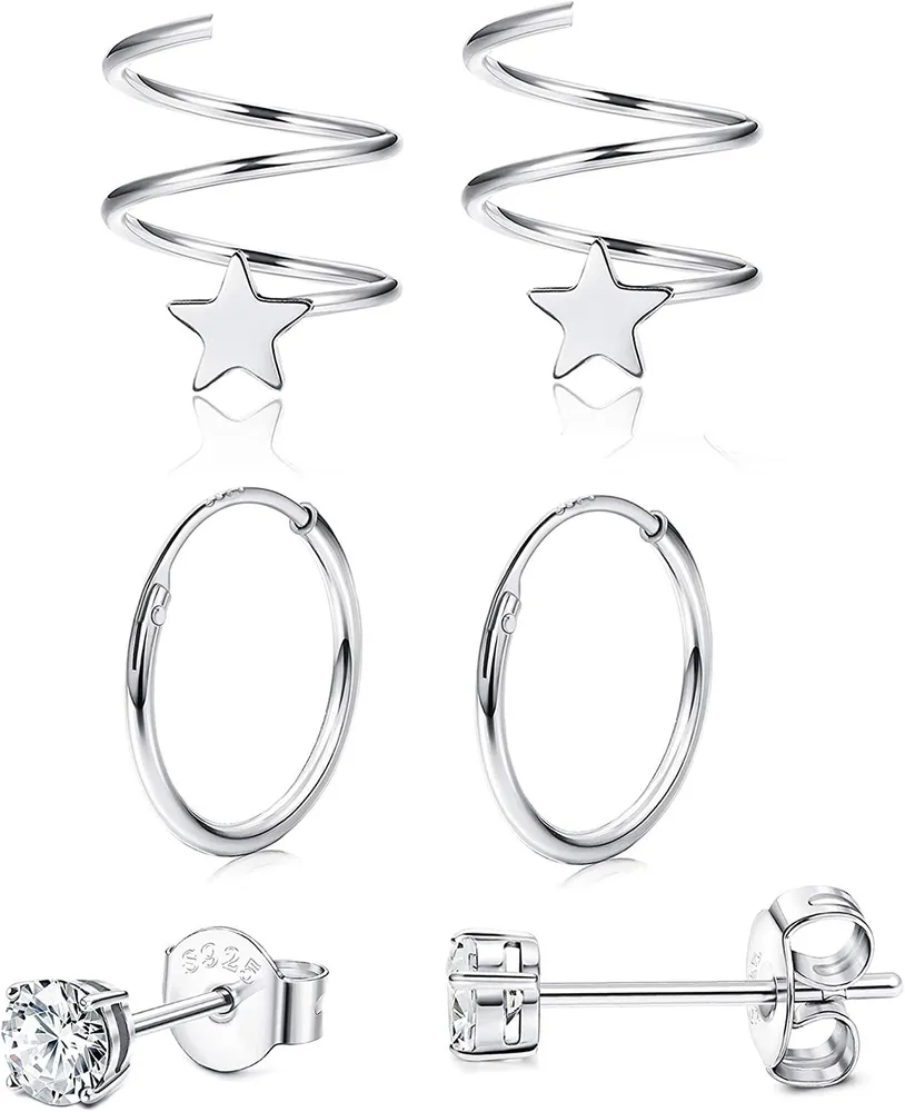925 Solid Silver Love Heart Small Hoop Huggies Ohrringe Frauen Mädchen Star Wrap Knorpel Ohrringe Dainty Ohr Manschetten Ohrringe Schläfer Tiny CZ Stud Helix Conch Ohrringe Hypoallergen Set von 3 Paaren