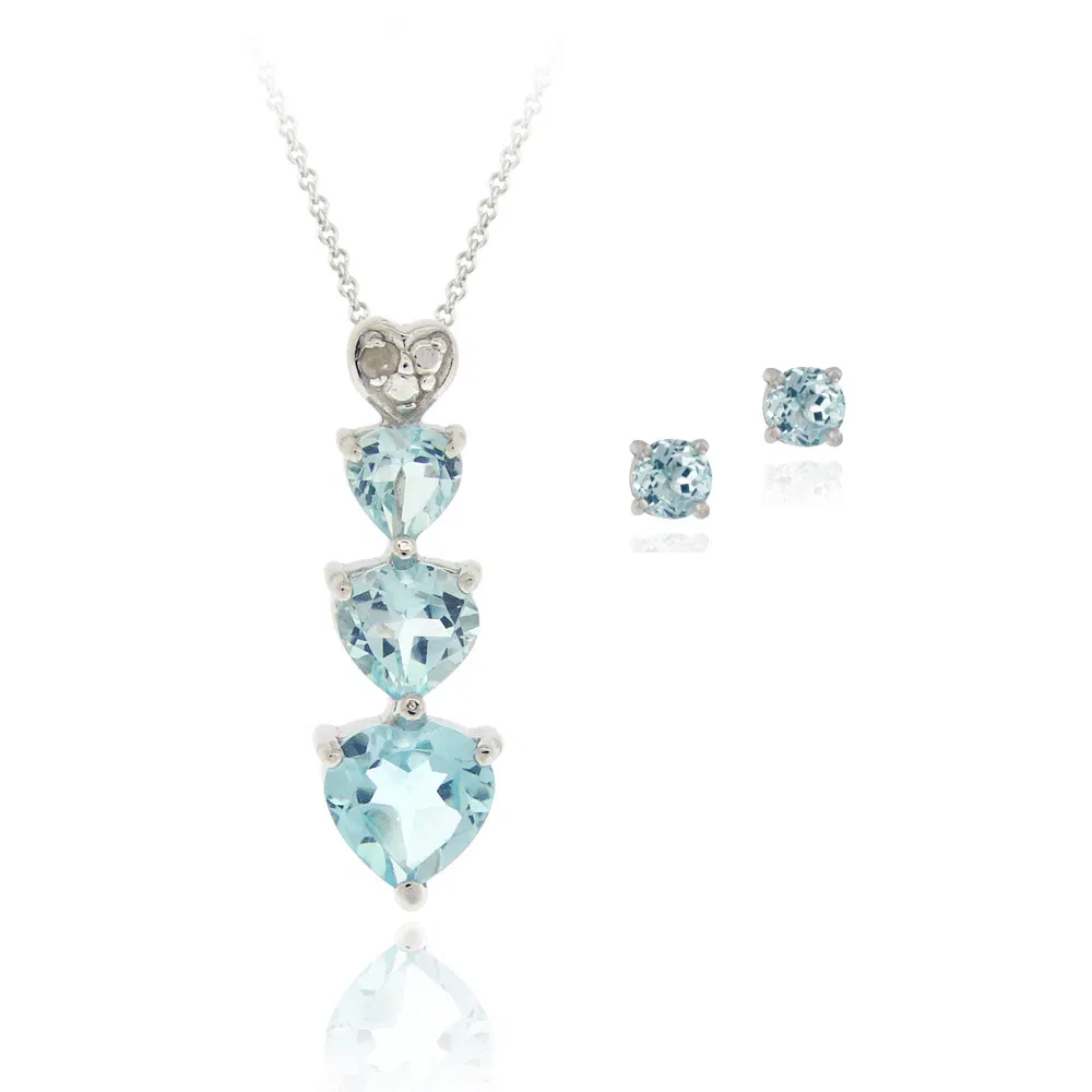 Sterling Silve Blue Topaz & Diamond Heart Necklace & Ohrringe Set