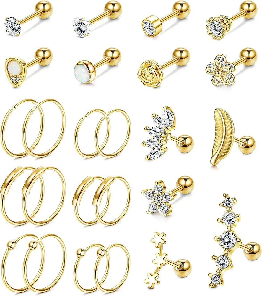 25pcs 16G Edelstahl Knorpel Ohrringe für Frauen Mädchen CZ Barbell Stud Piercing Knorpel Hoop Tragus Forword Helix Conch Piercing Jewelry Set
