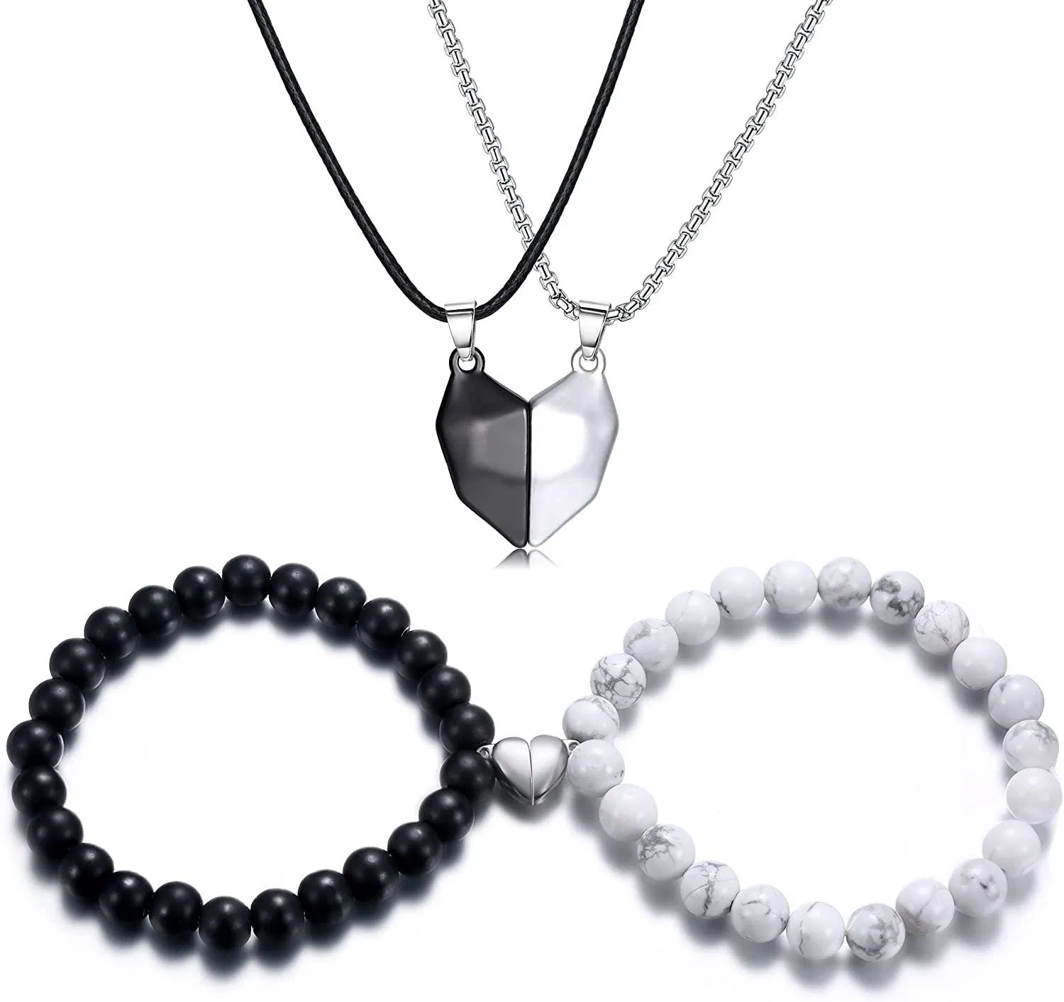 4PCS Zwei Seelen ein Herz passende Halsketten Armbänder für Paare Magnet Wunschstein Halsketten Bandent Set Perlen geflochten verstellbare Armbänder gegenseitige Anziehung Freundschaft Paare