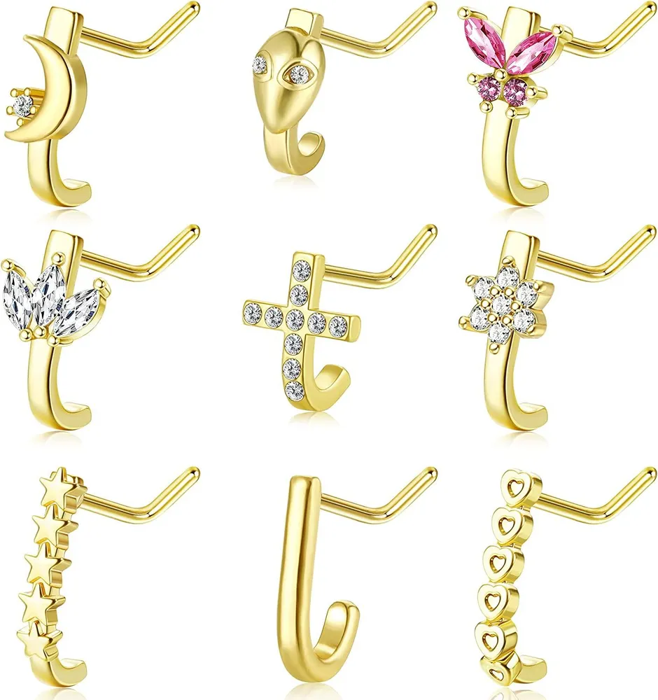 9pcs 20G Nasen-Stapf Nasenringe L-Form für Frauen Edelstahl-Nase - Studs Kubik-Zirkonium - Stern Alien-Blumen - Nasen-Piercing - Set