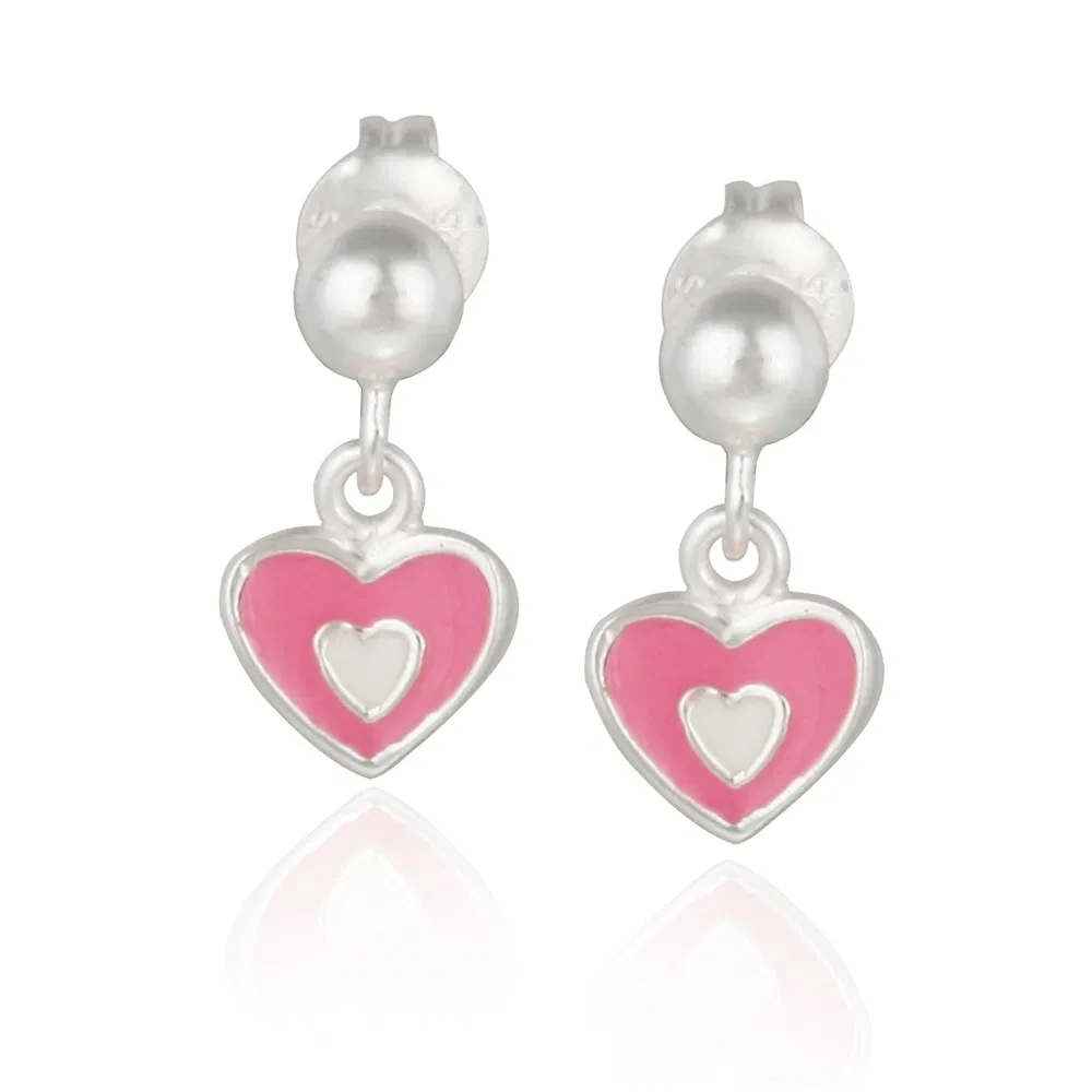 Sterling Silver Pink Enamel Herz Mädchen Dangle Ohrringe