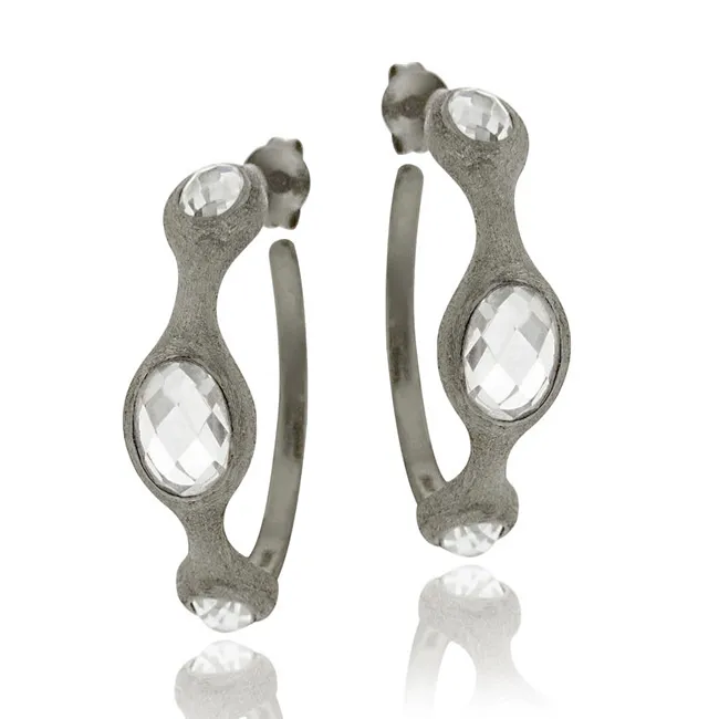 Schwarz Rhodium Overlay Sterling Silber CZ Brushed Hoop Ohrringe