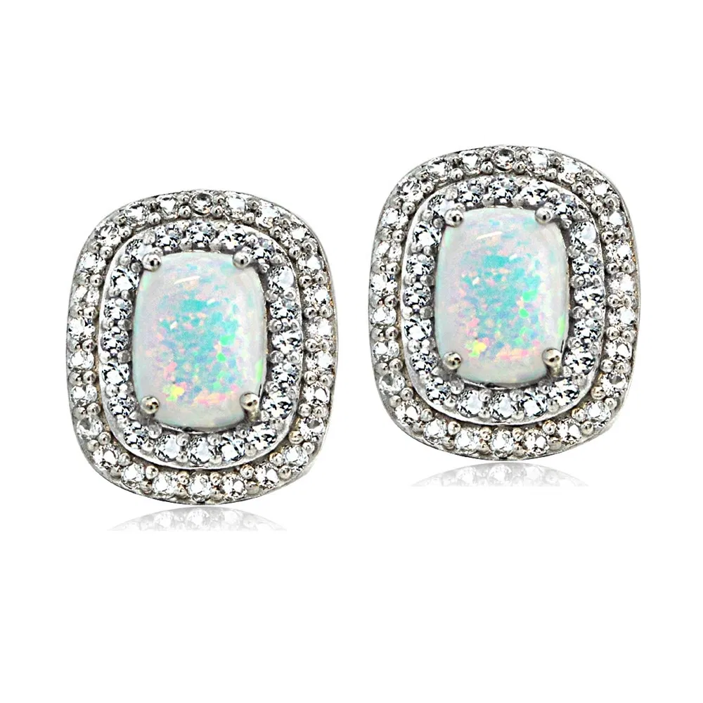 Sterling Silber geschaffen Opal mit blauen & weißen Topaz Oval Stud Ohrringe