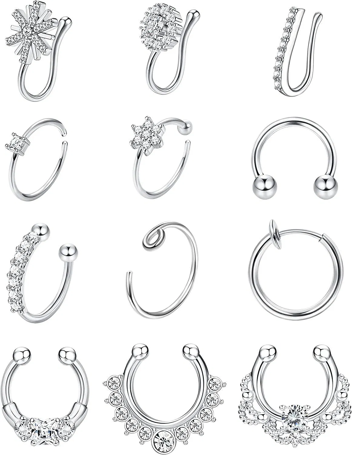 12 Stück Falsche Nasenringe für Frauen 316L Edelstahl eingeladen CZ Faux Piercing Falsche Nasenring Spring Clip auf Circle Hoop Falsche Septum Piercings 16 / 20G