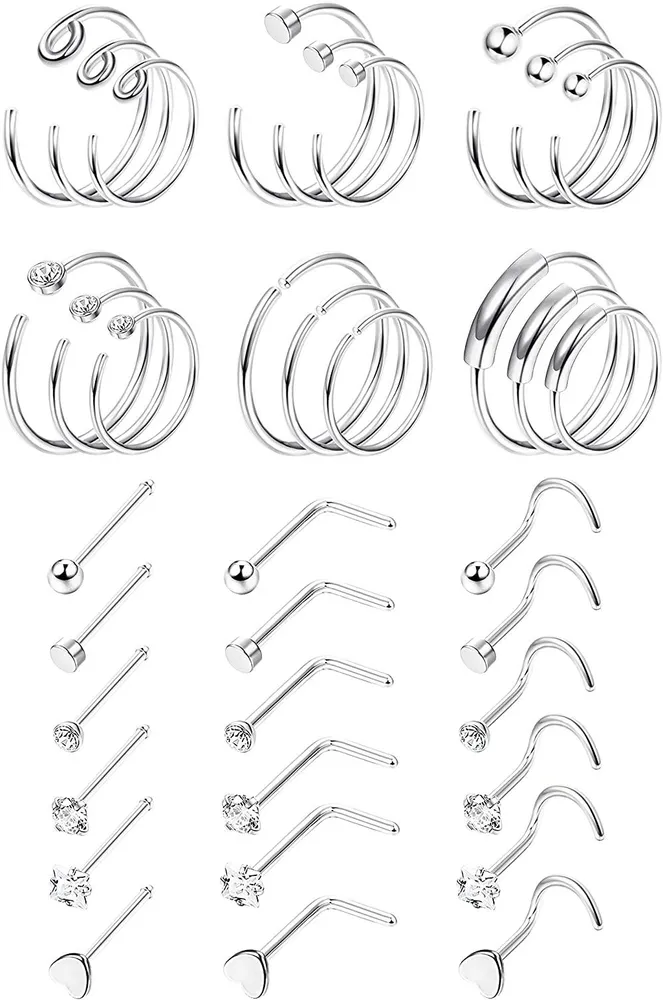 36Pcs 20G Chirurgische Stahl Stud Hoop Nasenringe für Frauen Männer L Knochen Schraube geformt CZ Tragus Knorpel Retention Labret Nasen Piercing Schmuck