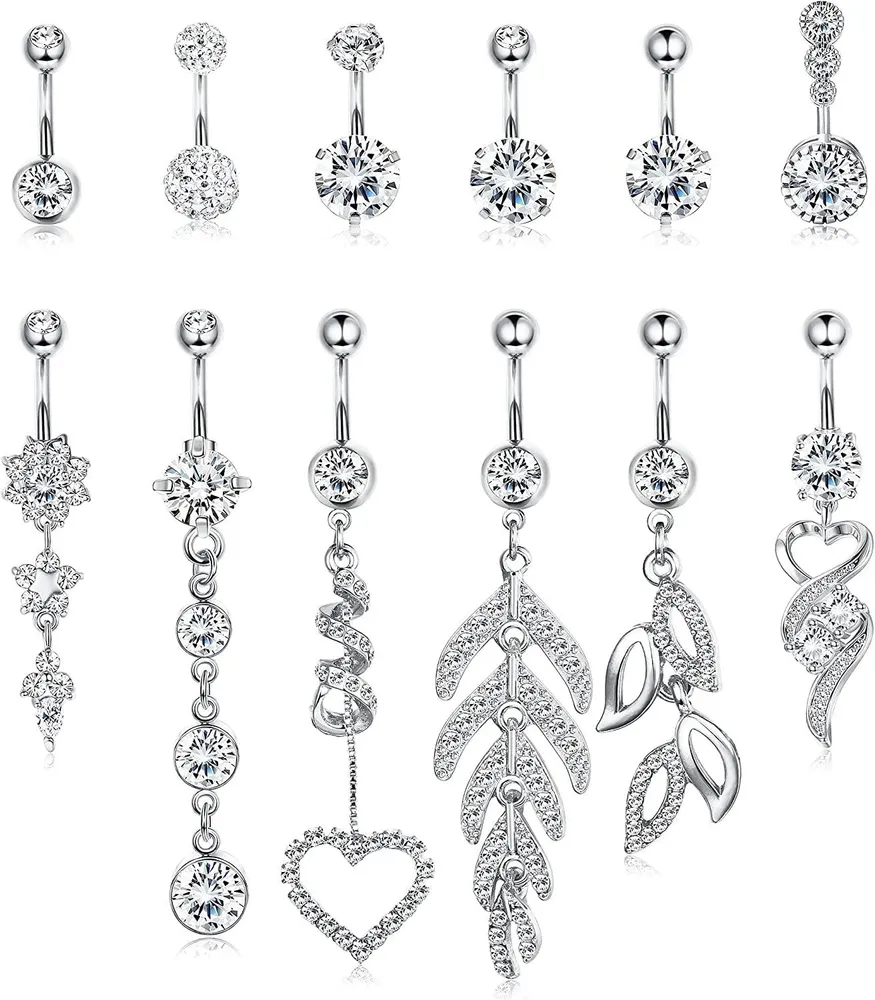12 Stück Dangle Bauchknopf Ringe für Frauen 316L Chirurgisch Clear CZ Barbell Piercing Dangle Umgekehrter Kurven Nabel Barbell Körper 14G