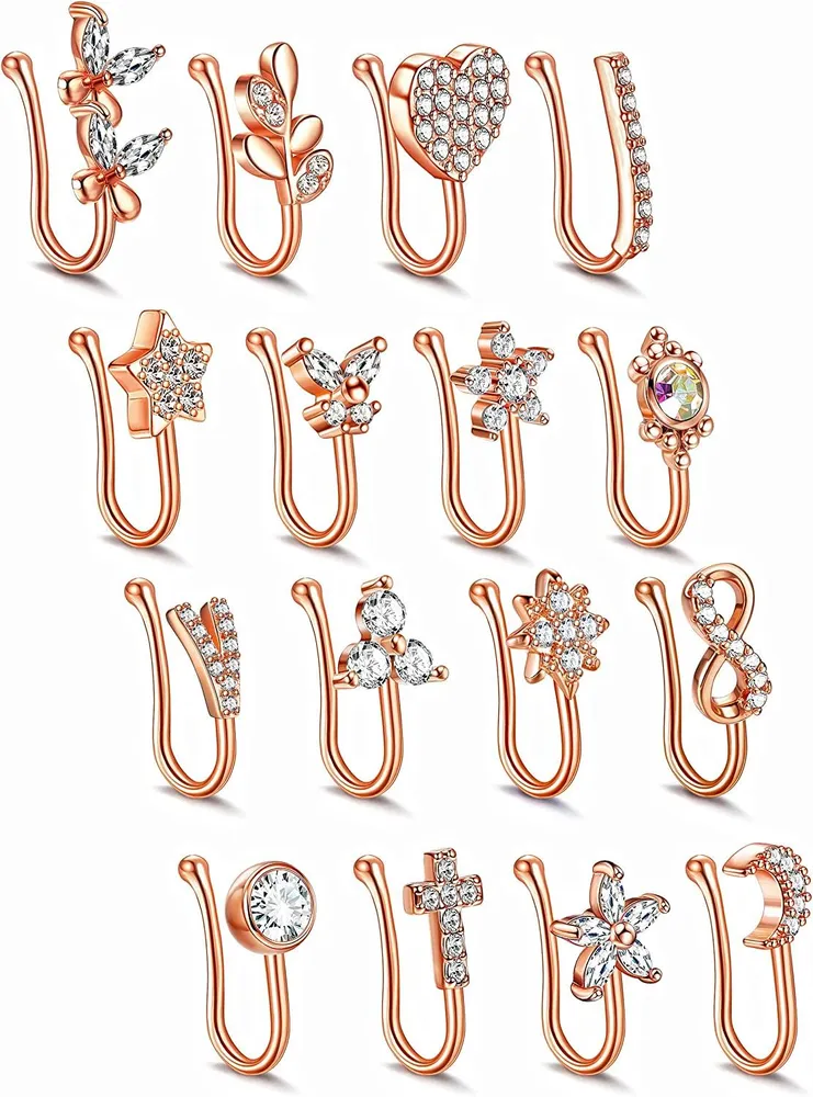 16pcs Falsche Nase Ring Schleife Nasen Manschette Faux Septum Nasen Ringe für Frauen Knorpel Tragus Falsche Piercing Nasen Ring Eingezogen CZ Clip auf Kreis Schleife Non Piercing