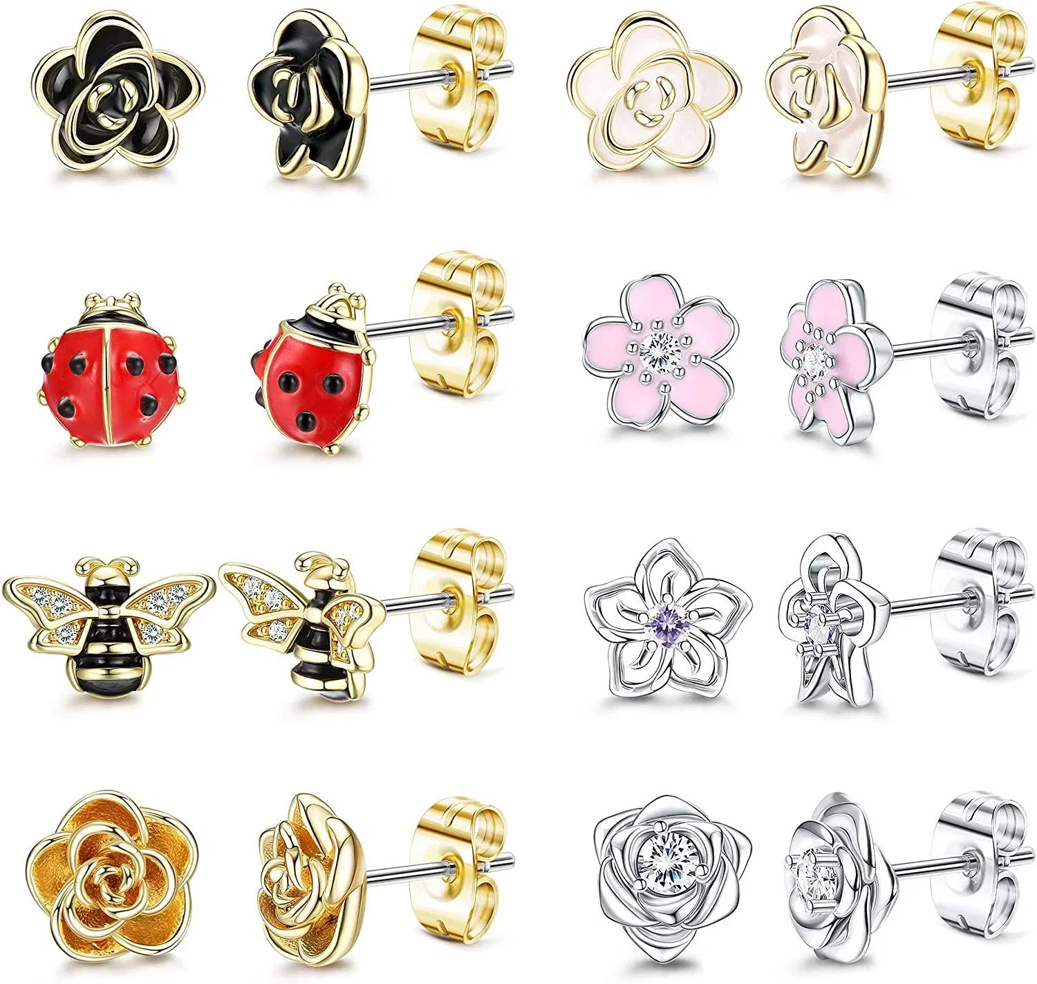 8 Paare Stud Ohrringe für Frauen Blumen Stud Ohrringe Set Ladybug Biene Tiere Ohrringe Geschenk für Valentinstag Geburtstag