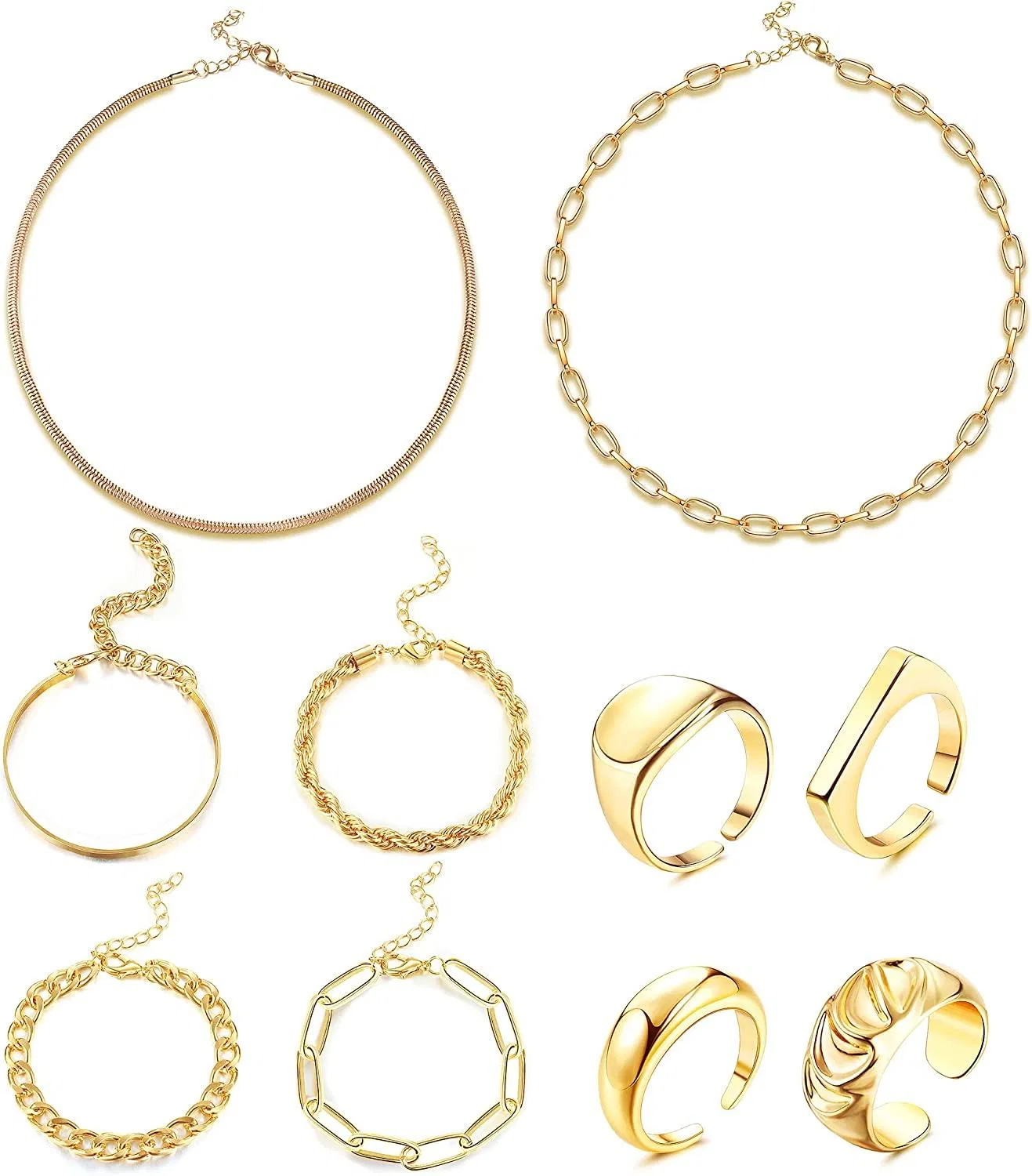 10 Stück Goldketten-Kette - Armband und Chunky-Ringe - Set für Frauen Männer Dainty Link Paperclip Choker Kubanische Perlen-Armbänder Armbänder verstellbare Ringe-Set