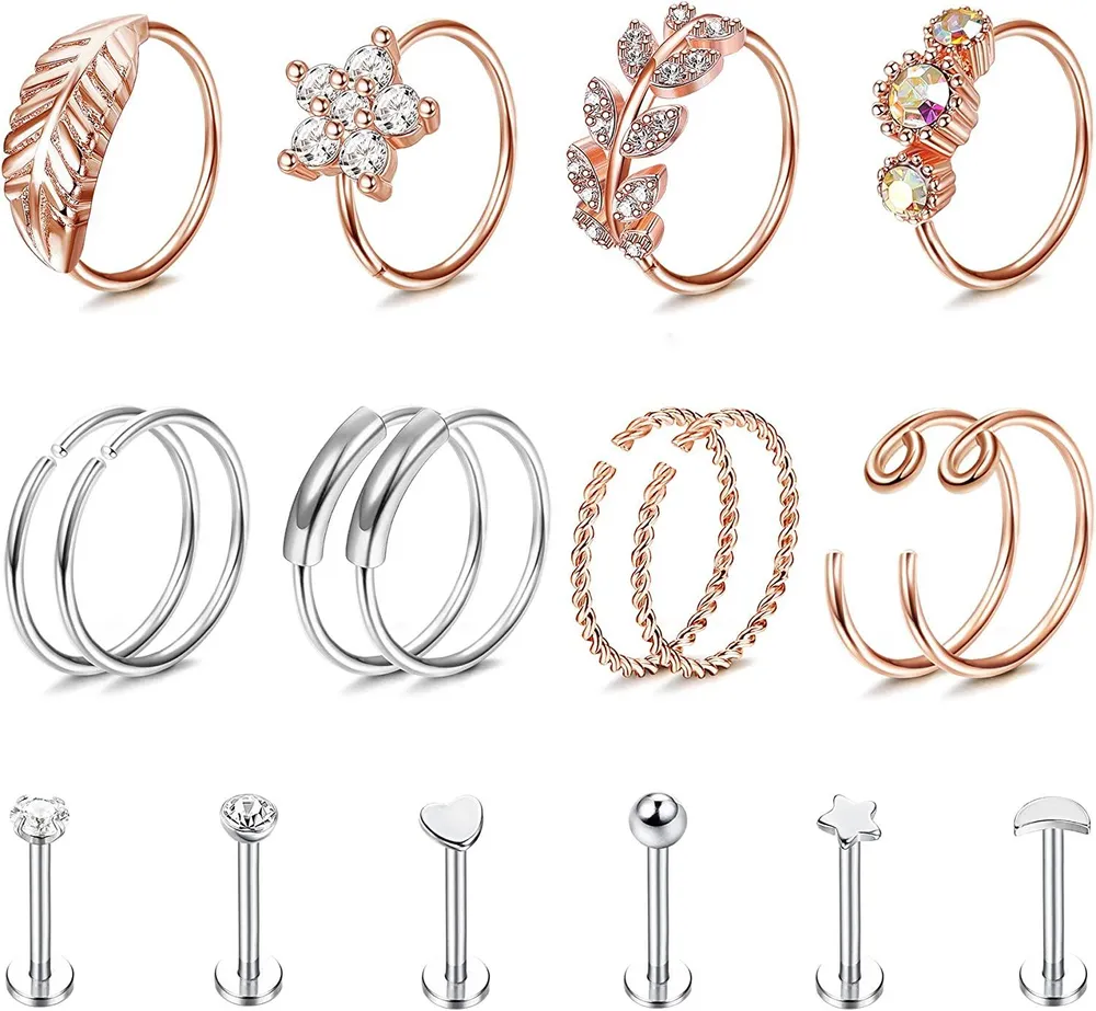 18pcs Nasenringe Schleife Edelknorpel Ohrringe Studs Nasenlippenringe Helix Tragus Daith Lobe Ohrringe CZ Nasen Ohr Piercing für Frauen Männer 20G