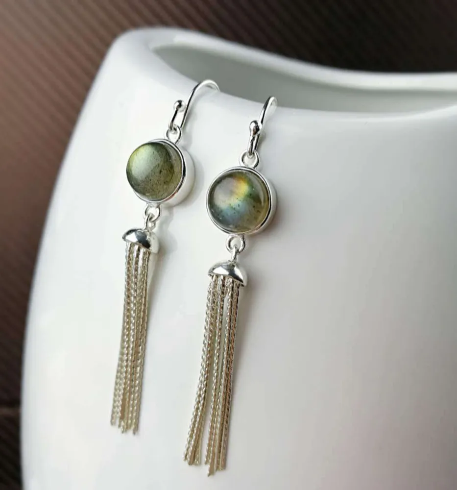 S925 Sterling Silber natürliche langgestreckte Mondstein Tassel Damen Ohrringe