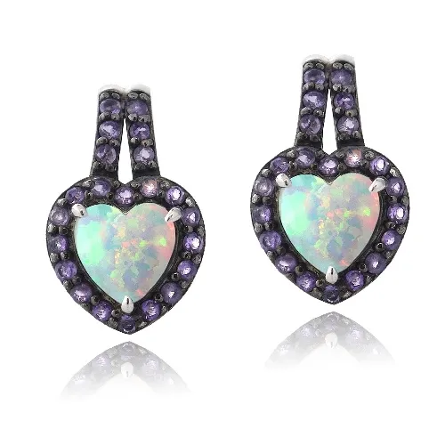 Sterling Silber geschaffen Weiße Opal & Amethyst Herz Drop Ohrringe