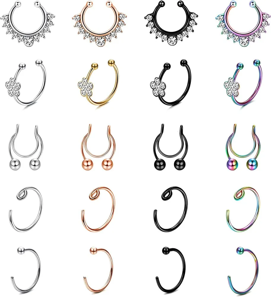 12Pcs Fake Septum Ring Edelstahl Fake Septum Nasen Ringe Doppel-Hoop - Clip auf Hufeisen Bull CZ Nasen Ring Hoop für Männer Frauen Nicht-Piercing - Schmuck