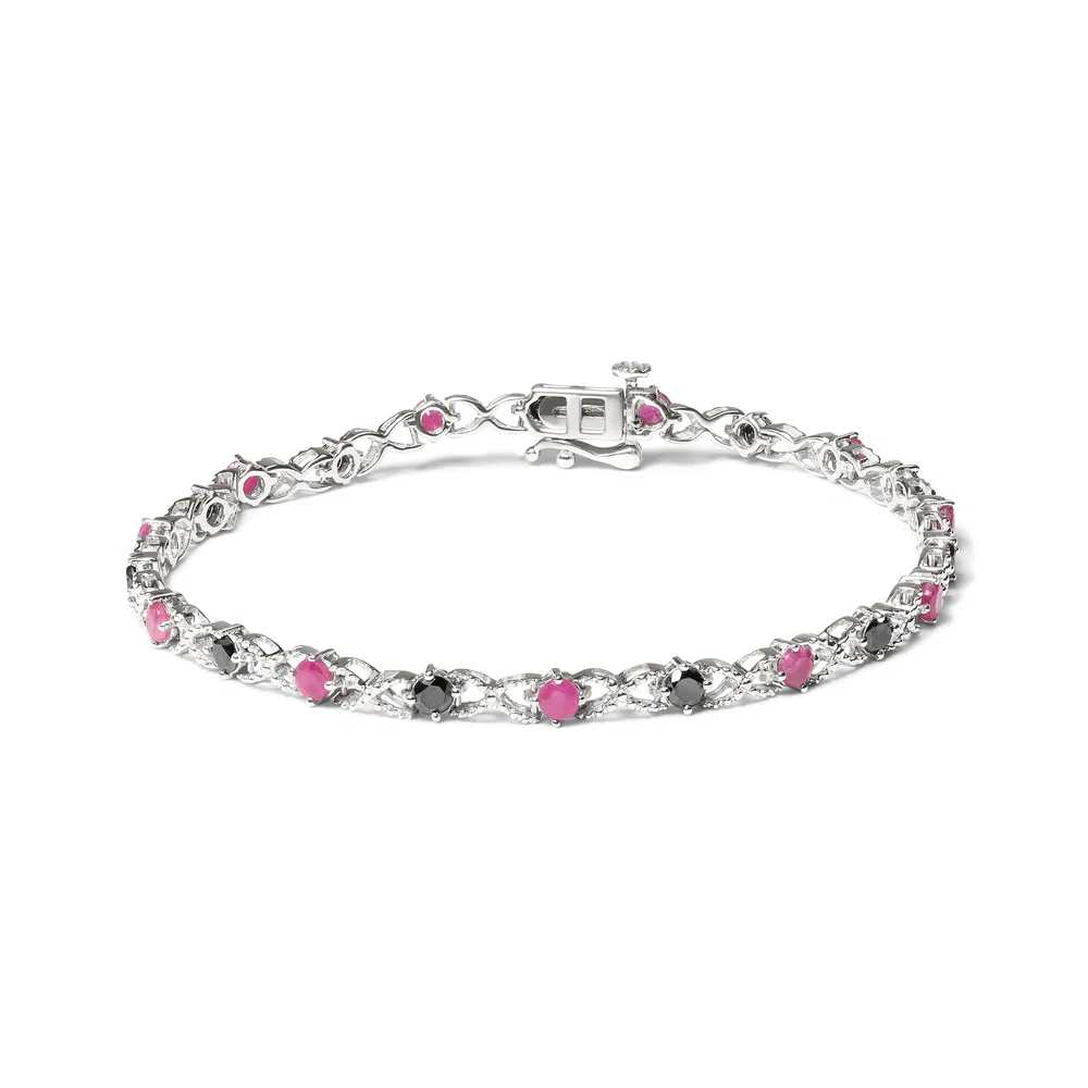 .925 Sterling Silber 1,00 Cttw behandelt schwarzer Diamant mit 3,00 mm Lab geschaffen Pink Ruby 7,25