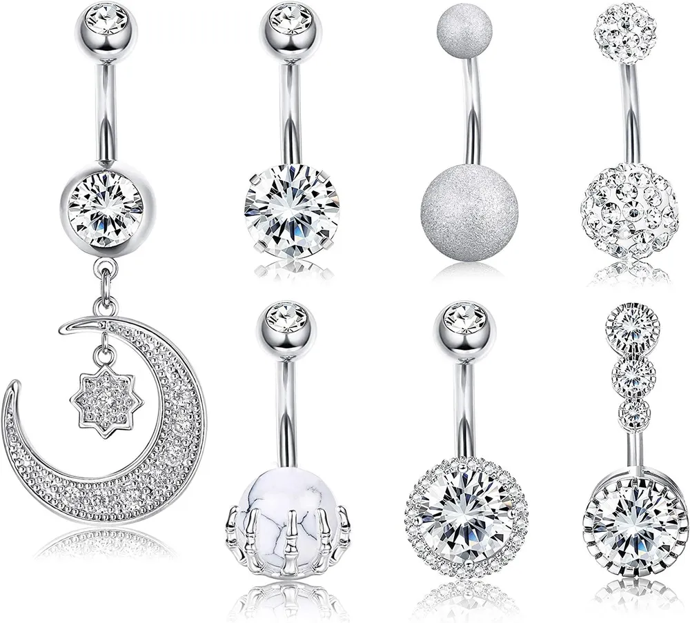 7pcs 14G Edelstahl Bauchknopfringe 316L Dangle Bauchringe CZ Umgekehrter Nabelringe Kurven Barbell Bauch Piercing Körper für Frauen 10mm