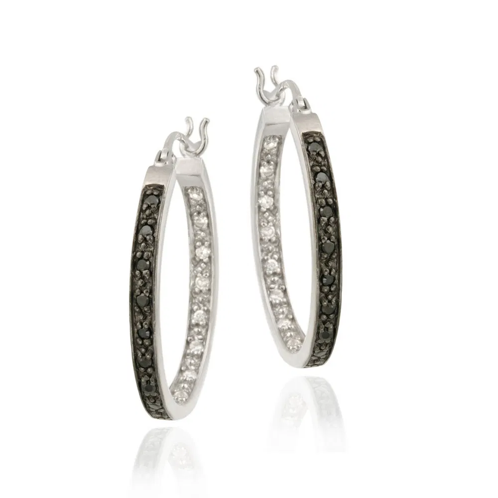 Sterling Silver Black & White CZ 25mm Oval Hoop Ohrringe