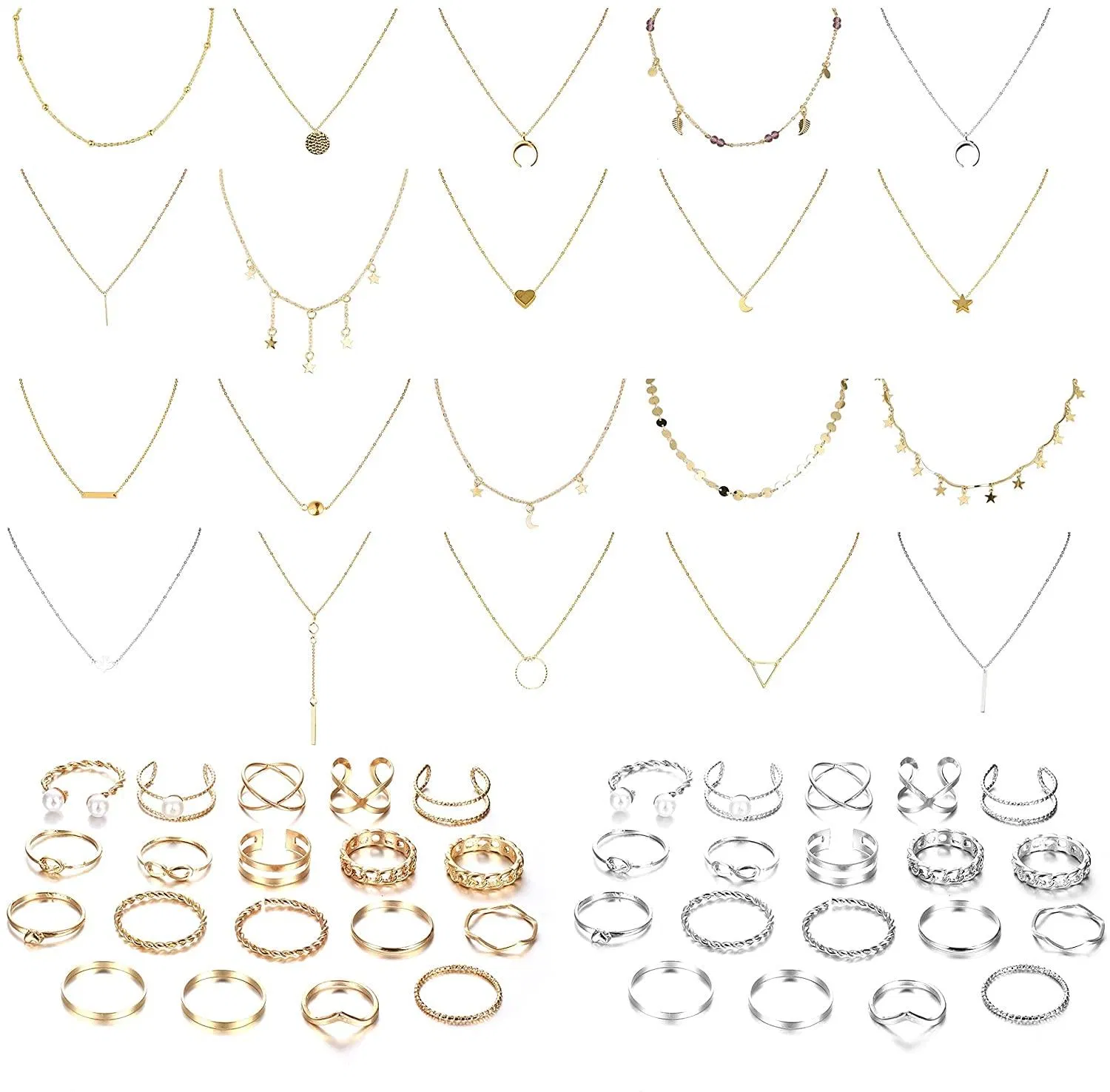 58Pcs DIY Layered Choker Kette Knuckle Stackable Ringe Set für Frauen Mondstar Multilayer Choker Kette Y Anhänger Statement Kette Bohemian Gold / Silber Ton Vintage Joint Finger Ringe