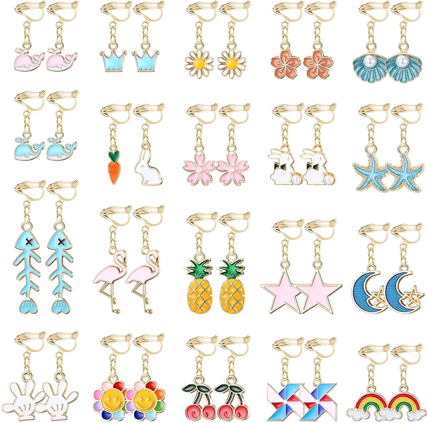 20 Paare Clip On Ohrringe für kleine Mädchen Frauen süße Tiere Blumen Regenbogen Dangle Nicht durchbohrte Clipon Ohrringe Set Schmuck