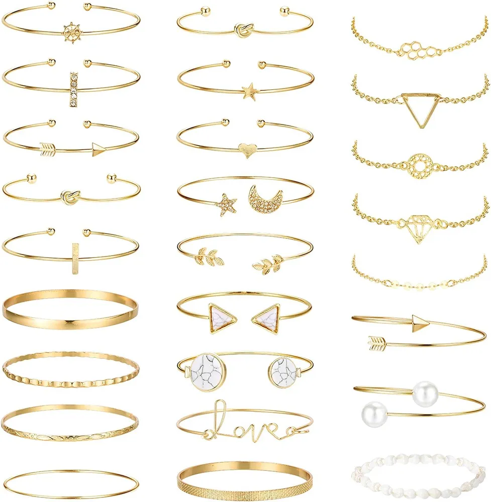 26 Stück mehrschichtige gestapelte Armbänder für Frauen offene Manschette Wrap Armband Star Moon Pearl Leaf Arrow Liebe Knoten Armbänder einstellbares Gold Armband Set